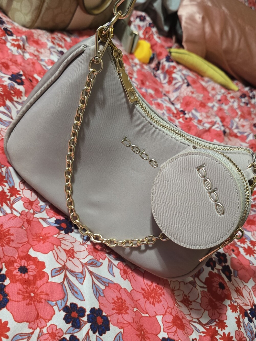 bebe Taupe Mini Shoulder Bag with Gold Chain and Coin Pouch